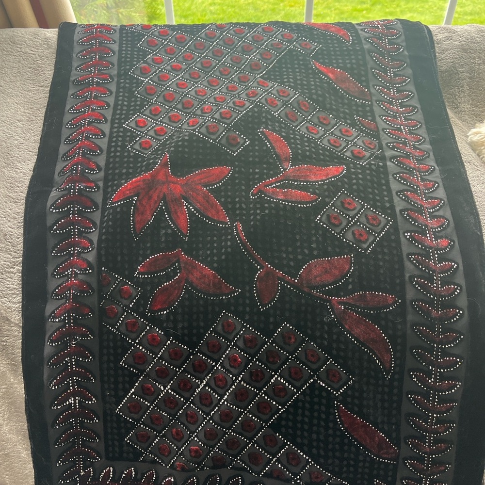 Black and Red Beaded Scarf with Fringe